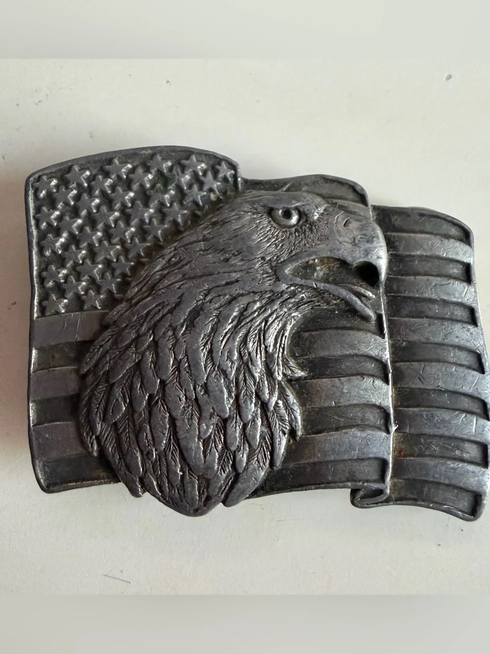 Vintage 1990 Siskiyou W89 Bald Eagle American Flag Pewter Belt Buckle USA